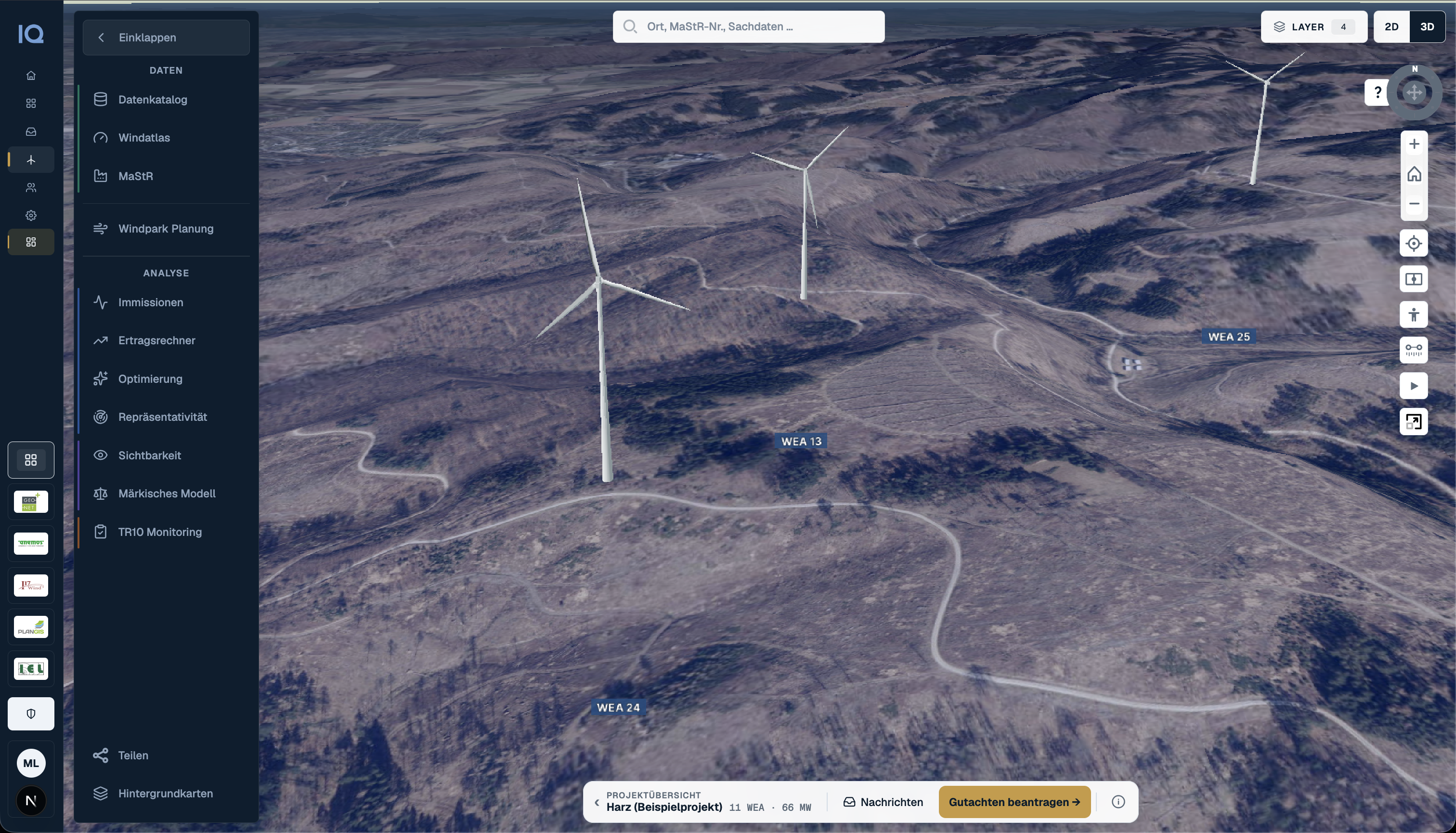 WINDIQ 3D-Planung mit Windenergieanlagen im Satelliten-Geländemodell und Werkzeugen für Standortanalysen